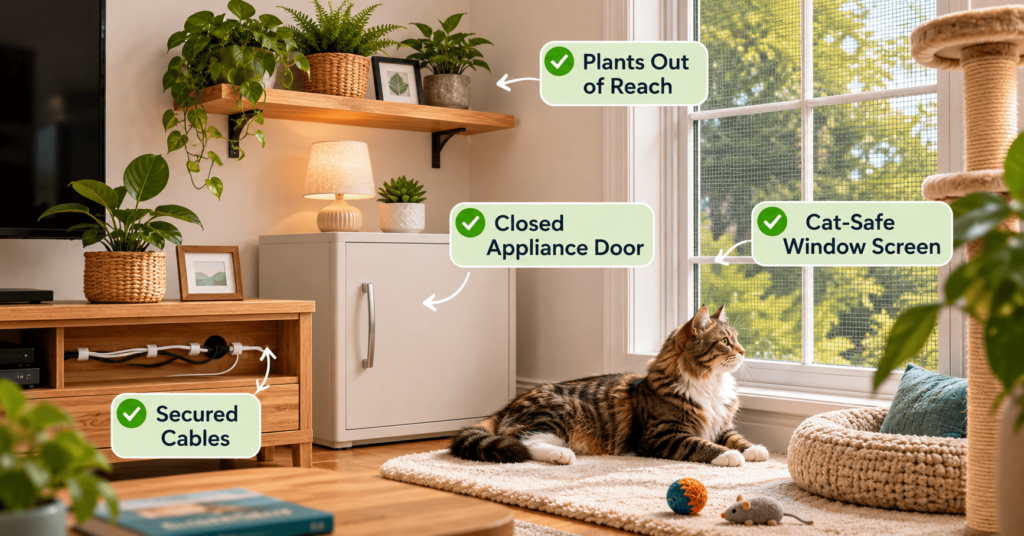 cat-proofed living room with secured cables and safe windows