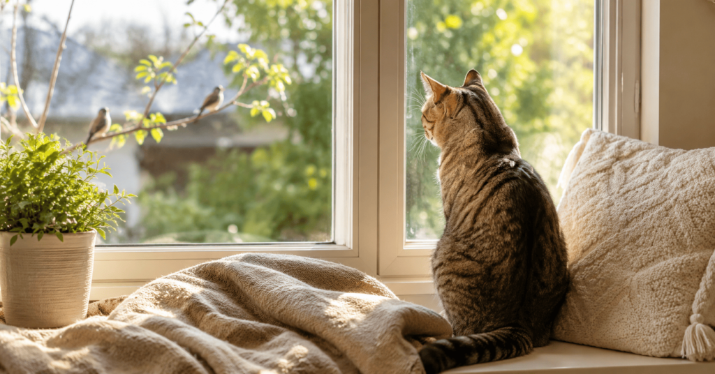 cat sitting on sunny windowsill alone at home