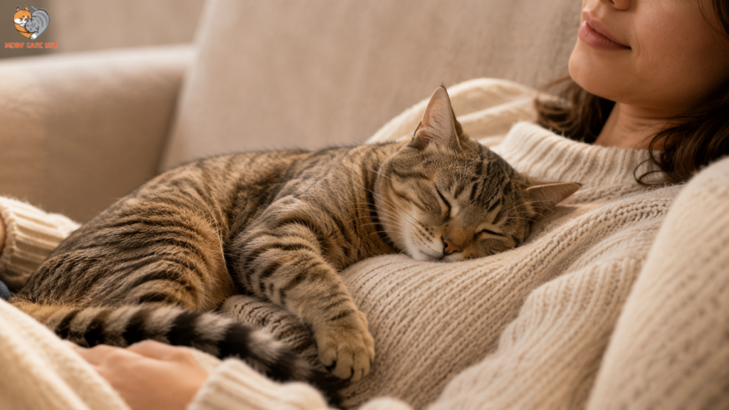 Cat sleeping peacefully on owner's lap