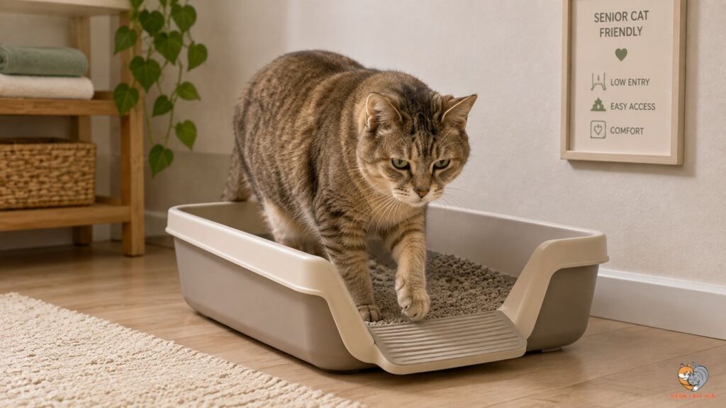  Senior cat using low-entry litter box for arthritis
