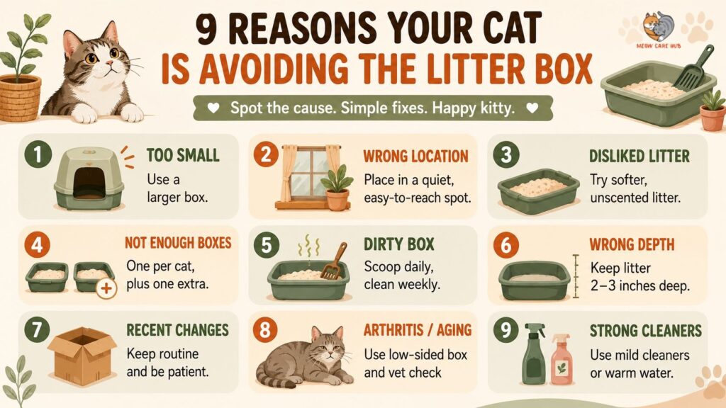 Infographic of 9 reasons cats avoid the litter box
